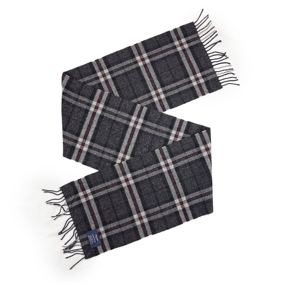 Johnstons of Elgin 100% Lambswool Plaid Scarf Gray Burgundy Made in Scotland